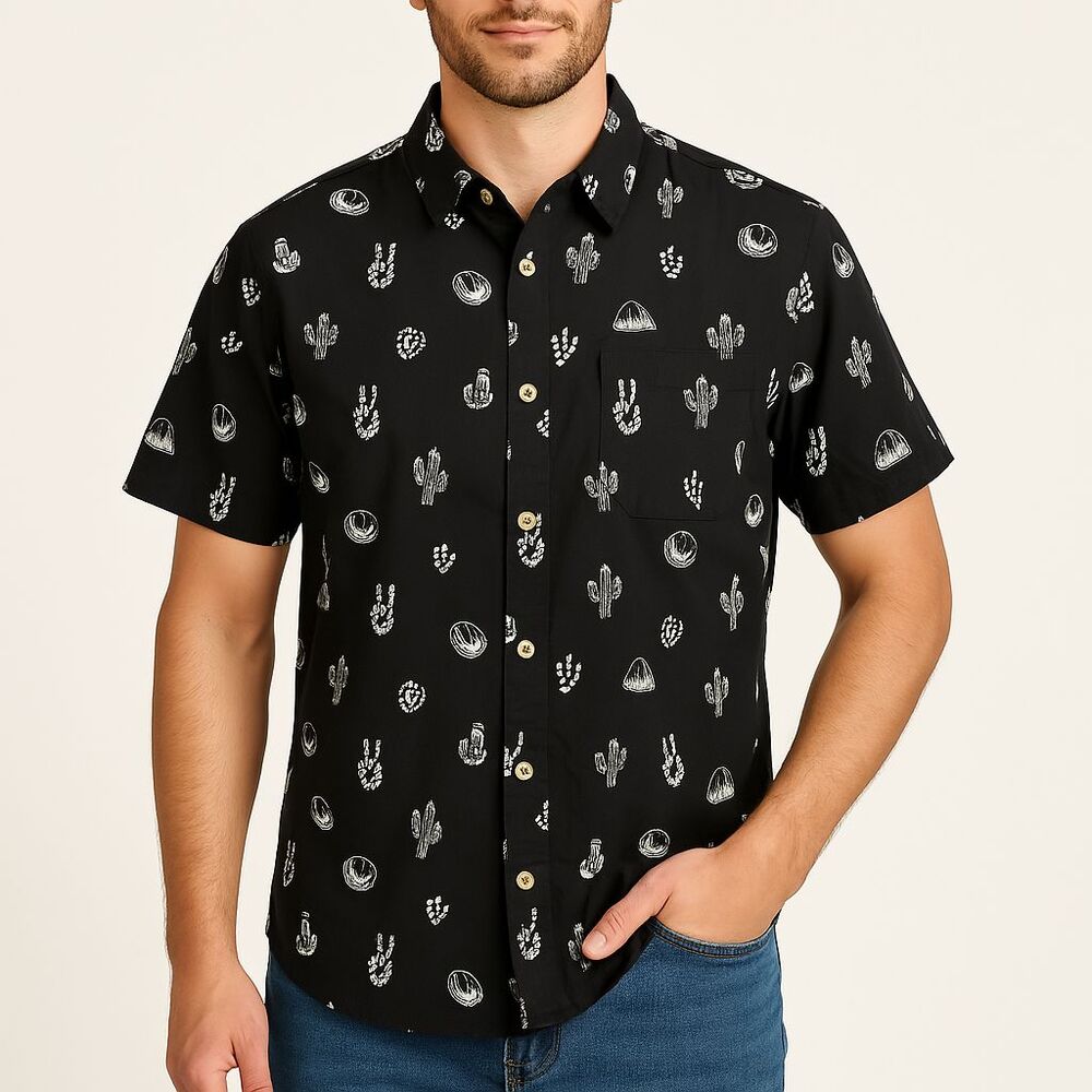 PYKNIC Taco Avocado Skeleton Peace Sign Shirt Mens Large Black Cactus Button Up